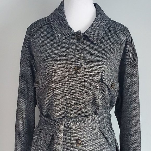 Tweed Style Fall Jacket Button Down Belted Heathered Grey Knit Pockets Cuffs - Picture 1 of 11
